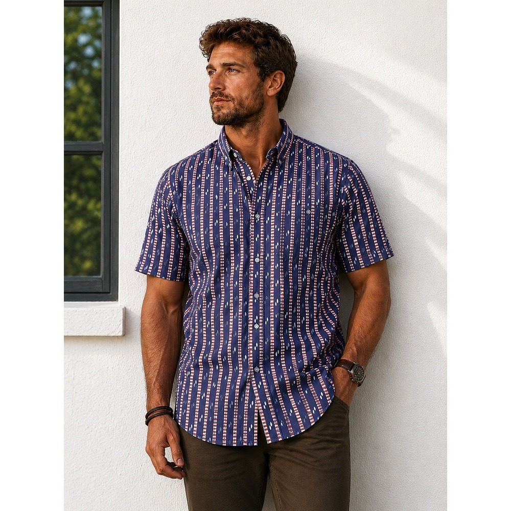 J. Crew Ikat Striped Shirt Button Up Short Sleeve Men L Navy Red White Americana